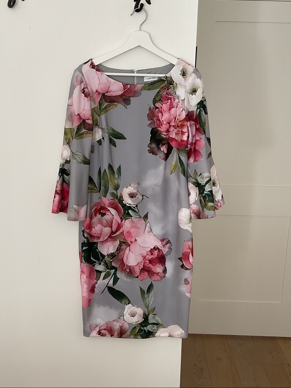 Calvin Klein Gray Midi Dress with Pink Floral Print